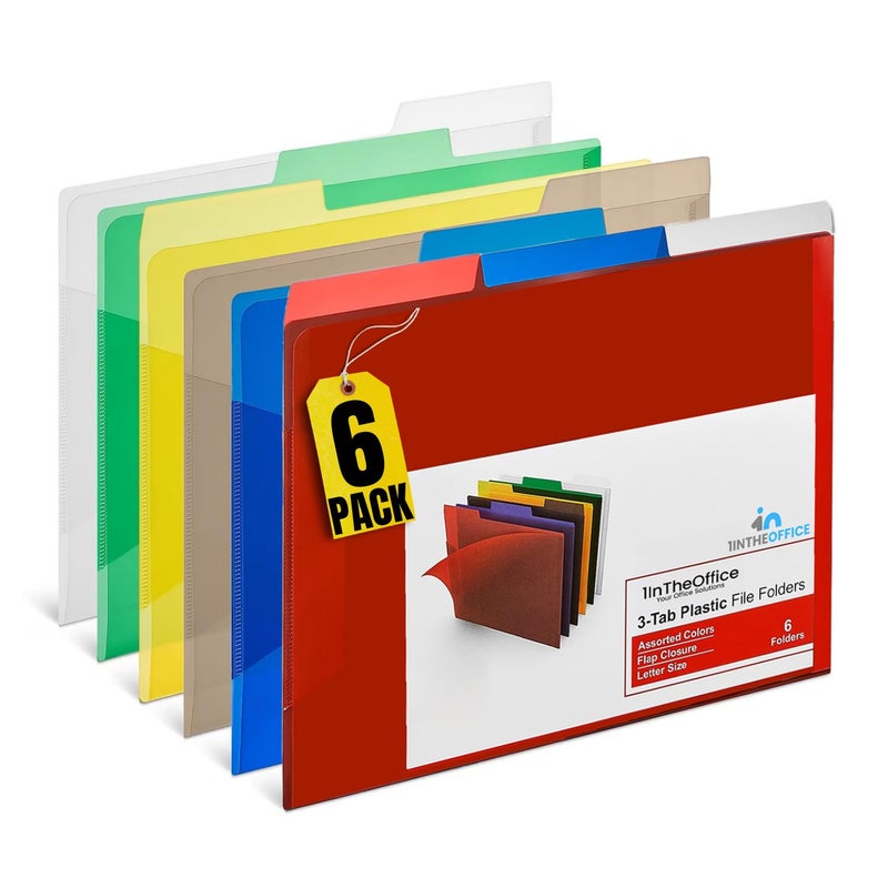 1InTheOffice Plastic File Folders, 3-Tab, Letter Size, Assorted Colors Poly File Folders, 6 Pack - Image 1